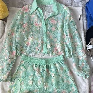 Mint Green Lace Two-Piece Set with Pastel Floral Print